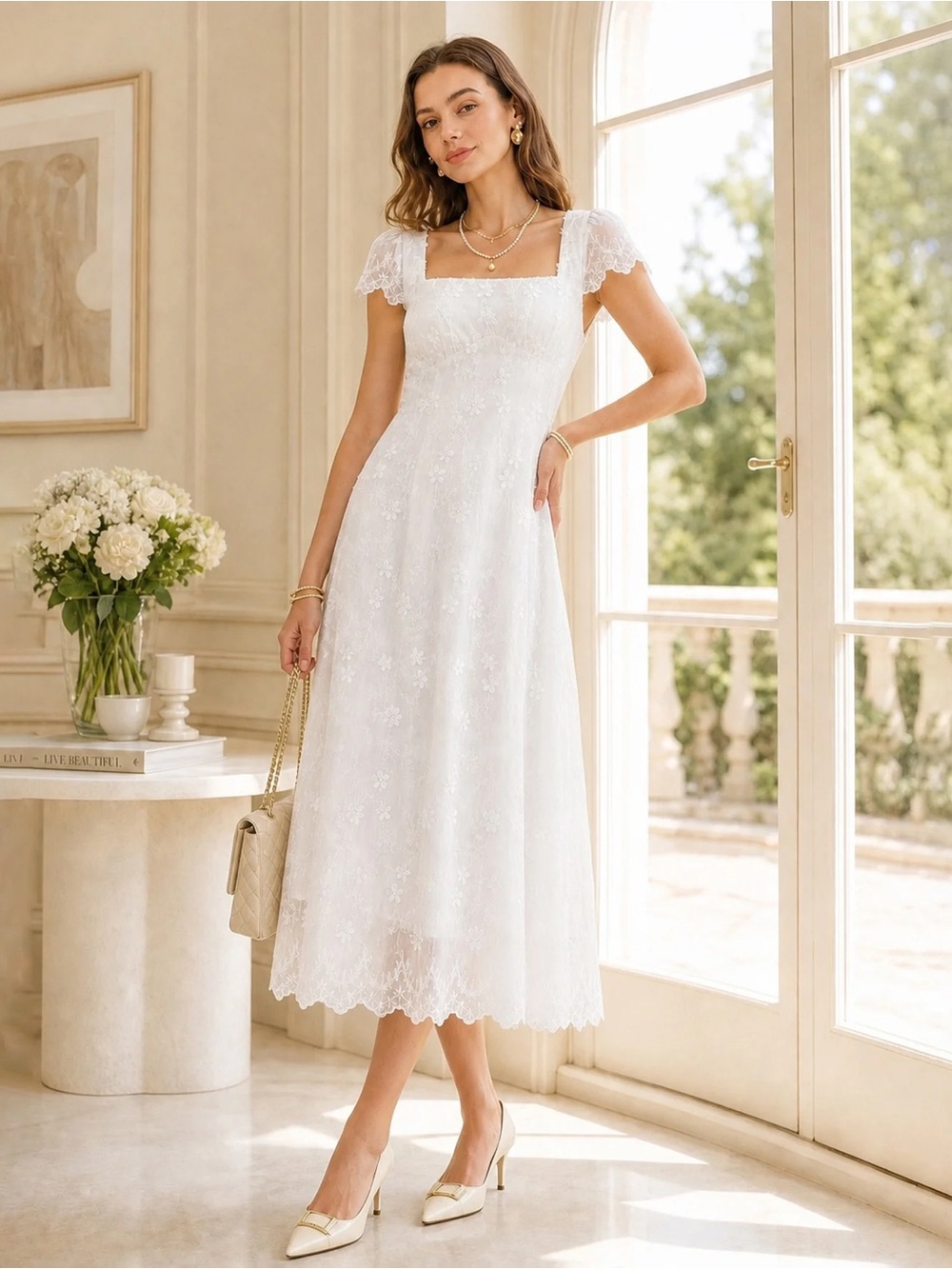 RIHOAS White Lace Square Neck Midi Dress